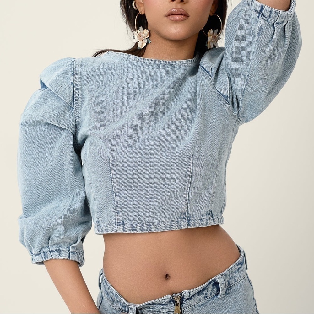 ASOS Pull And Bear Acid Wash 80's Style Puff Sleeve Cropped Denim Top size S - Picture 9 of 9